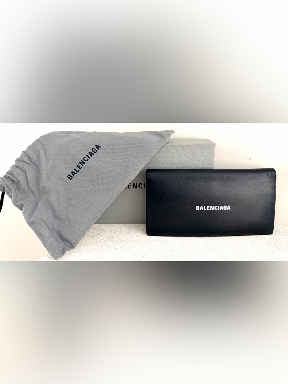 Balenciaga Black Leather Zip-Around Wallet with White Logo